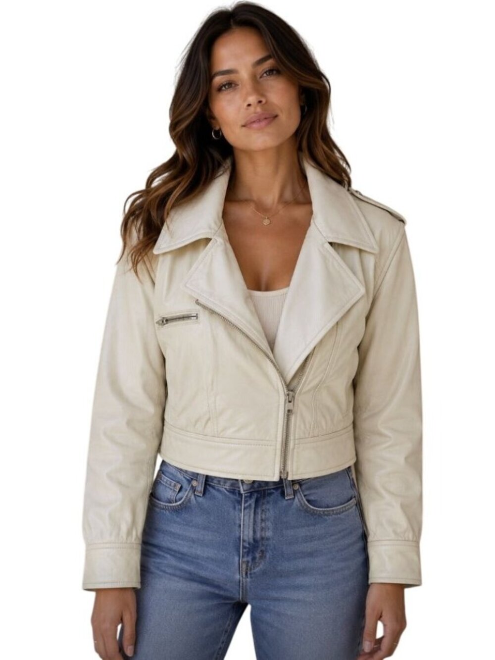 LAMARQUE Cream cropped leather biker jacket - Size M